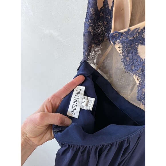 Sherri Hill Prom Dress Women’s 12 Dark Blue Beige Maxi Long Sleeveless Sheer - Picture 5 of 7